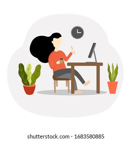 Work from home. Freelance woman working at her house. Vector illustration isolated design on white background. 
