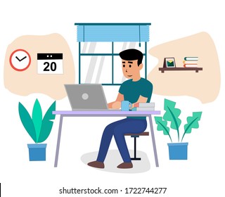 Trabajo desde casa. Un trabajador independiente trabaja con un ordenador portátil en su casa, vestido con ropa de casa. Ilustración vectorial aislada en fondo blanco. Estudio en línea, educación.