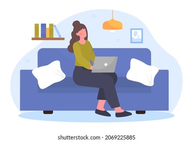 Work at home. Freelancer, girl sitting on couch with laptop on her lap. Programmer, designer, remote employee. Modern technologies, free daily routine, cozy. Cartoon flat vector illustration