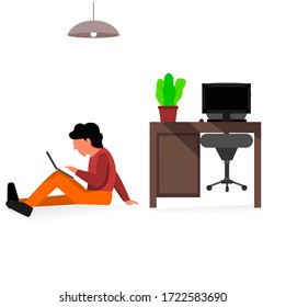 work at home as a freelancer, a man sitting leaning on the floor, workplace concept.