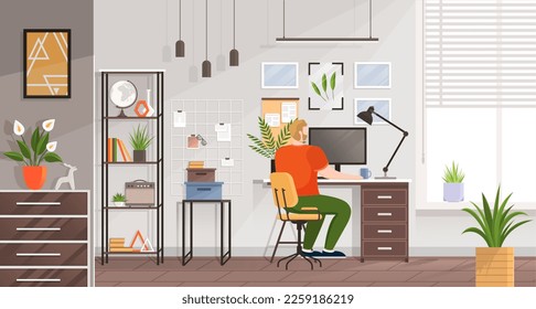 Work at home. Freelancer man working on computer at his house. Online study, education. Concept of remote work, freelancing, teaching, e-learning, from home office. Person sitting on chair at desk