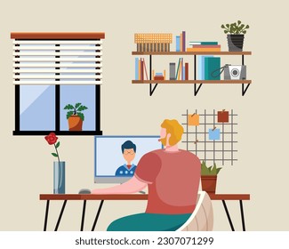 Work at home. Freelancer man working on computer at his house. Online study, education. Concept of remote work, freelancing, teaching, e-learning, from home office. Person sitting on chair at desk