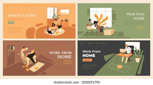 Work from home, freelancer office, vector illustration. Man woman people character have freelancer job in internet, workplace with computer laptop. Modern online work concept, landing banner set.