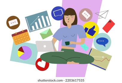 Work from home, freelancing vector illustration. Online career. Coworking space illustration. Young female freelancers work on laptop or computer at home.