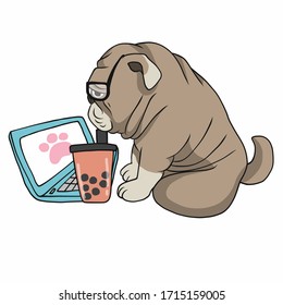 Work from home French bulldog use laptop and drink ice bubble milk tea cartoon vector illustration