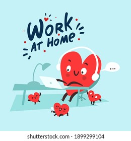 Work at home funny concept. Cute single heart works on laptop with children playing around. Cozy office workplace, remote work, E-learning concept