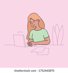 work at home girl using laptop illustration	
