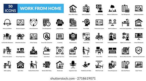 Work From Home Glyph Icon Set. Remote Collaboration, Task Management, Online Presentation, Flexible Work, Home Desk, Work Life Balance, Productivity Tracker