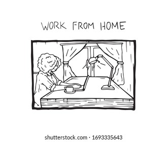 Arbeiten aus handgezeichnet Skizze. Frau im Haus, die am Laptop arbeitet. Weibliche Menschen studieren und kreieren Geschäft und Arbeit erledigen, Cartoon Vektorillustration mit Buchstaben zeichnen.