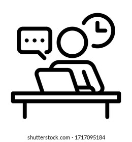 Work at home. Human symbol working with laptop on table. Line vector. Isolate on white background.
