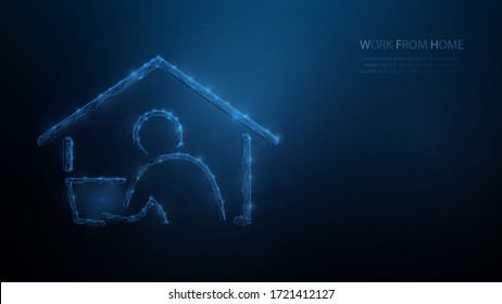 Work from home icon. Businessman working on laptop computer at home. Social distancing. Low poly wireframe. Vector illustration