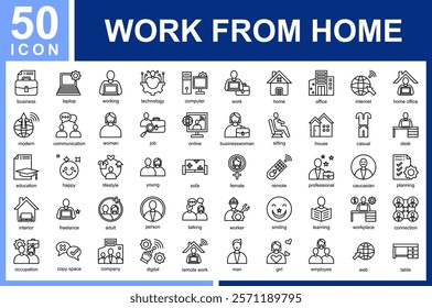 Work From Home icon collection set.
business,laptop,working,technology,computer,work,home,office,internet,home office,modern,communication,woman,job,online Icon Symple Line Vector