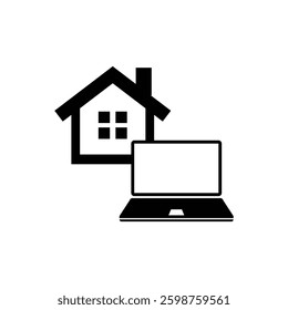 Work from home icon. Property management. Real estate. House and laptop. Vector icon isolated on white background.