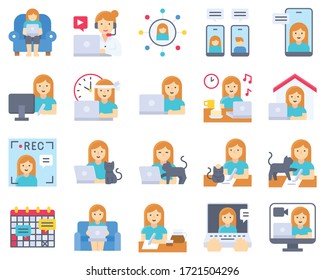 Work from home icon set, female version flat style