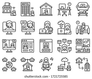 Work from home icon set, female version line style