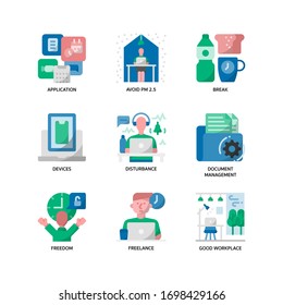 Work from home icon set, flat style