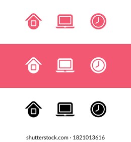 Work from home icon set. House, computer laptop and clock symbol