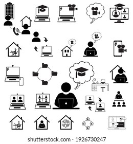 Work From Home Icon Set. Included Icons As Self Quarantine, Stay Home, Working, Online, Video Conference, Office And More.