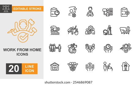 Work from home icon set. Laptop, connection, person, networking  and more line icon. Editable stroke icon.