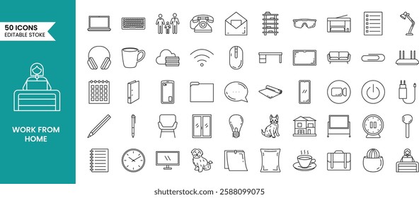 Work from home icon set in line style. Remote work, freelance, modern information technology workplace, the tools of a freelancer and more. Vector illustration