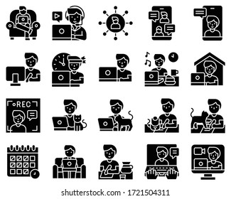 Work from home icon set, male version solid style