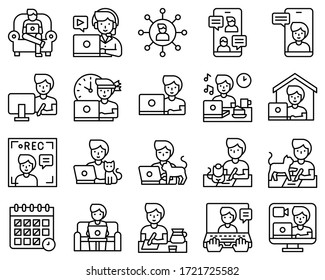 Work from home icon set, male version line style