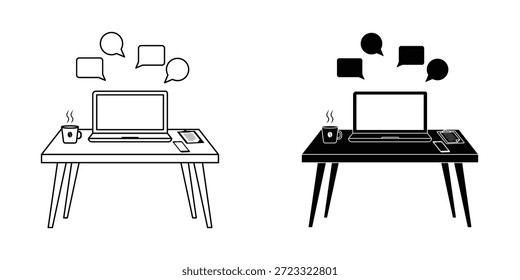 Arbeit von zu Hause Symbolsatz Umriss und Solid Illustration Vektor für Business Design
