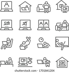 Work from home icon set vector illustration. Contains such icon as conference call, video call, online meeting, working space, freelance in comfortable conditions and more. Expanded Stroke