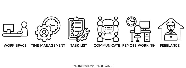 Ícone trabalhar a partir de casa definir conceito de ilustração vetorial relacionar com wfh com ícone de espaço de trabalho, gerenciamento de tempo, lista de tarefas, comunicar, trabalho remoto e freelance