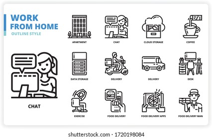 Trabajar desde el hogar conjunto de iconos para diseño web, libro, revista, afiche, anuncios, aplicación, etc.