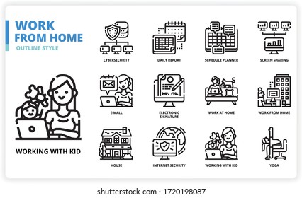 Work from home icon set for web design, book, magazine, poster, ads, app, etc.
