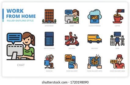 Work from home icon set for web design, book, magazine, poster, ads, app, etc.