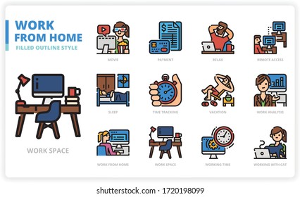 Work from home icon set for web design, book, magazine, poster, ads, app, etc.