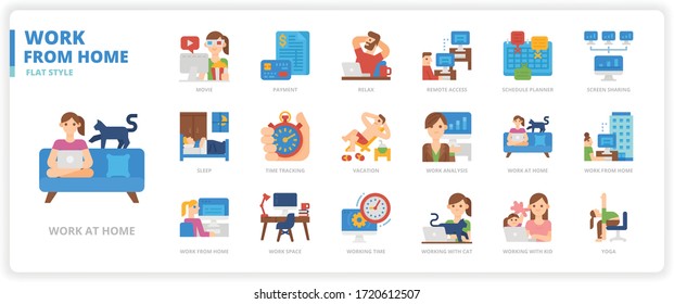 Work from home icon set for web design, book, magazine, poster, ads, app, etc.