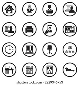 Trabajar Desde Iconos Domésticos. Diseño Plano Negro En Círculo. Ilustración vectorial.