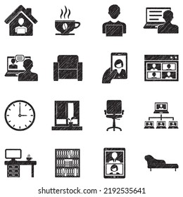 Work From Home Icons. Black Scribble Design. Vector Illustration.