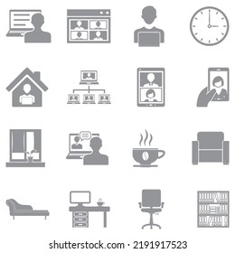Work From Home Icons. Gray Flat Design. Vector Illustration.