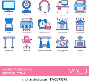 Work From Home Icons Including Monitor, Webcam, Headset, Printer, Scanner, Paper Shredder, Flexible Hours, Commercial VPN, Company, Standing Desk, Office Choir, Height-adjustable, Online Collaboration