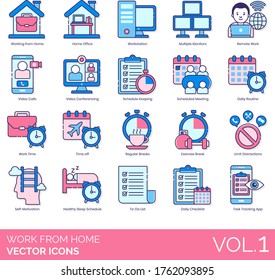 Work From Home Icons Including Office, Workstation, Multiple Monitors, Remote, Call, Video Conferencing, Schedule Keeping, Meeting, Daily Routine, Time Off, Regular Break, Exercise, Limit Distraction.