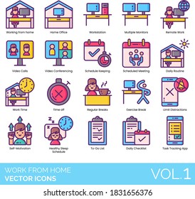 Work From Home Icons Including Office, Workstation, Multiple Monitors, Remote, Call, Meeting, Daily Routine, Regular Break, Exercise, Limit Distraction, Self-motivation, Checklist, Task Tracking App.