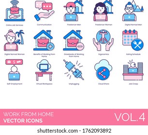 Work from home icons including online service, communication, freelancer, digital nomad, benefit, drawback, ergonomics, eating schedule, self-employment, virtual workspace, unplugging, cloud share.