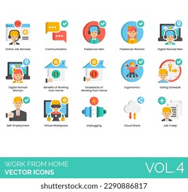 Work from home icons including online service, communication, freelancer, digital nomad, benefit, drawback, ergonomics, eating schedule, self-employment, virtual workspace, unplugging, cloud share.