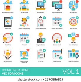 Work from home icons including online service, communication, freelancer, digital nomad, benefit, drawback, ergonomics, eating schedule, self-employment, virtual workspace, unplugging, cloud share.