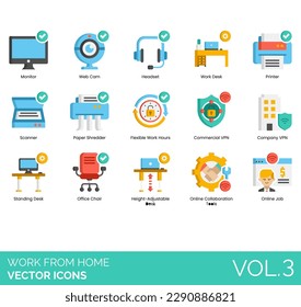 Work from home icons including online service, communication, freelancer, digital nomad, benefit, drawback, ergonomics, eating schedule, self-employment, virtual workspace, unplugging, cloud share.