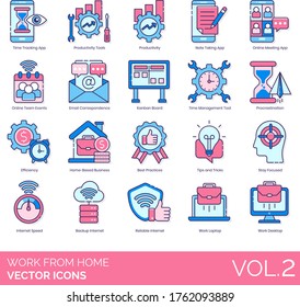 Work From Home Icons Including Time Tracking App, Productivity, Note Taking, Online Meeting, Team Event, Email Correspondence, Kanban Board, Management Tool, Procrastination, Efficiency, Best Practice