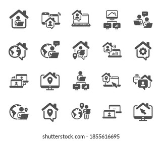 Trabajar en iconos domésticos. Trabajador remoto, trabajo independiente, empleado de Office. Quédate en casa, trabajo en internet, íconos de trabajo en equipo remoto. Trabajar con equipo, espacio de trabajo en el hogar, red compartida. Vector