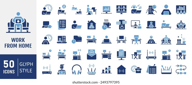 Work from home Icons set. Work from home icons. Contains such Icons as freelancer, hybrid work, digital nomad, Remote work, Video Conference and more. Solid icons vector collection.