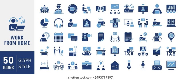 Work from home Icons set. Work from home icons. Contains such Icons as freelancer, hybrid work, digital nomad, Remote work, Video Conference and more. Solid icons vector collection.