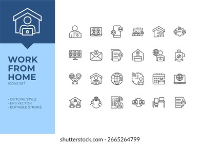 Conjunto de iconos de trabajo desde casa: representa el trabajo remoto, las herramientas de oficina en casa, las reuniones virtuales, la comunicación en línea y la productividad. Vector EPS. Para el diseño de proyectos.