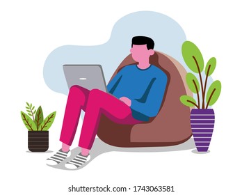 Work From Home, Illustration Concept, Man Working With Laptop Sitting on a Beanbag, Modern Flat Vector